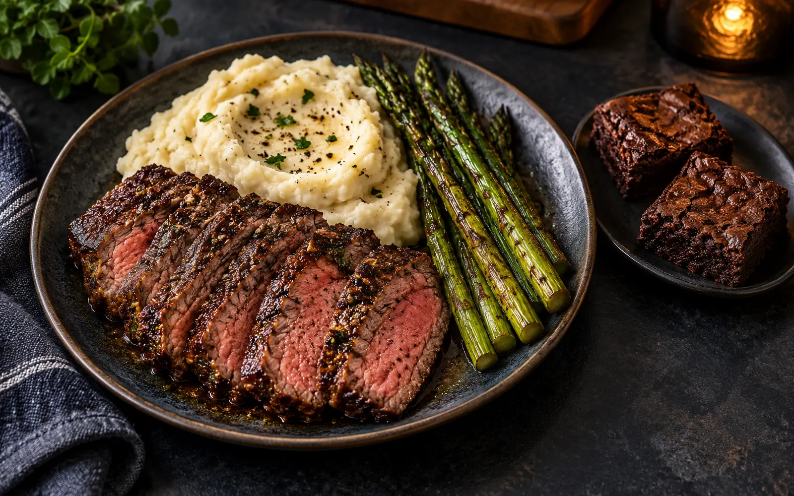 London broil with mashed potatoes, asparagus, and brownies